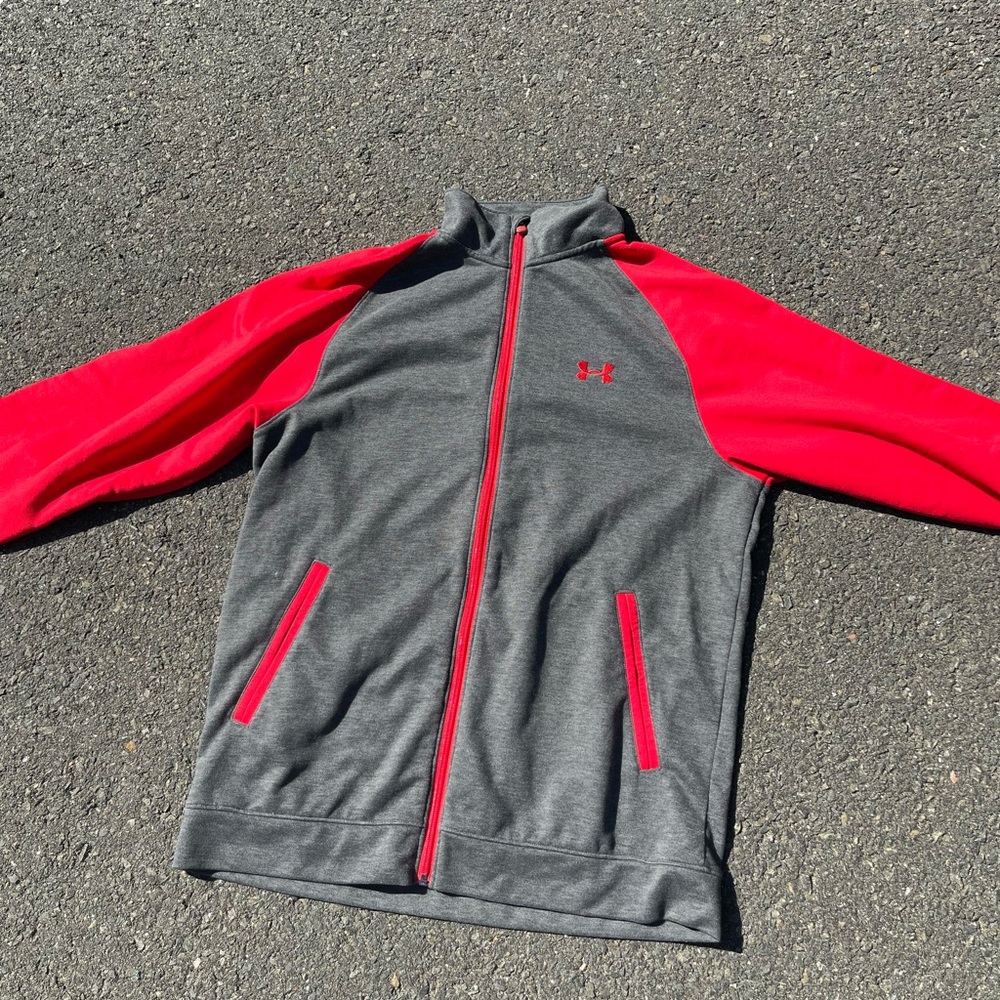 Under Armour Mens Full Zip Red Gray 2 Pockets Medium Fleece Jacket